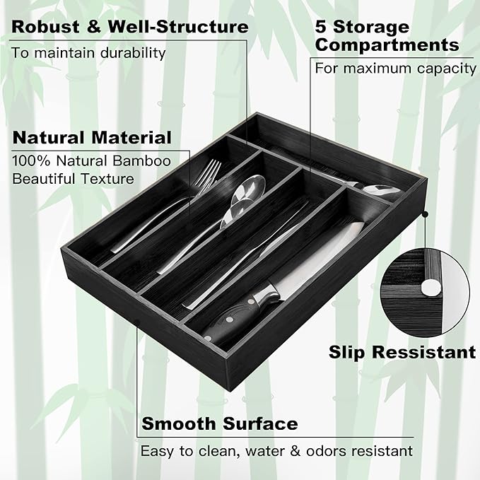 Bamboo Silverware Holder - Drawer Organizer with 5 Slots (Black)