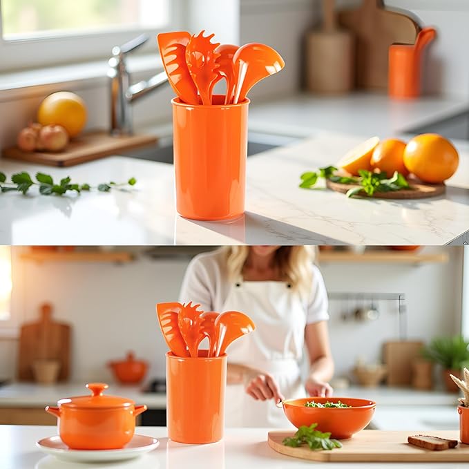Reston Lloyd 6 Piece Kitchen Utensil Holder for Kitchen Counter, Utensils Crock with Heat Resistant Spoon, Slotted Spoon, Ladle, Spatula BPA Free, Orange