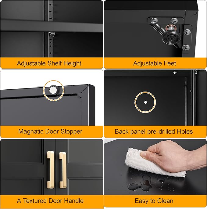 60" Tall Kitchen Storage Cabinet with 2 Doors, Metal Kitchen Pantry Cabinets with 3 Adjustable Shelves, Black Freestanding Food Cabinet, Large Cupboard for Office, Dining, Living Room,Hallway