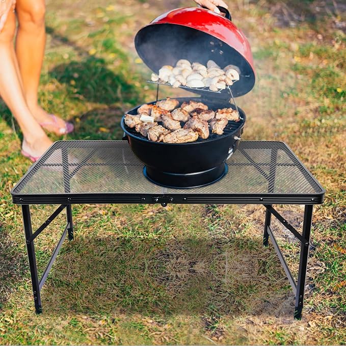 3 ft Folding Table with Adjustable Height (16.5" & 26"), Black Metal Mesh Table with Carry Handle, Portable for Camping, Tailgating, BBQ, Picnic & Indoor, Fits 3–6 People, 7.5 lb, Supports 66 lb