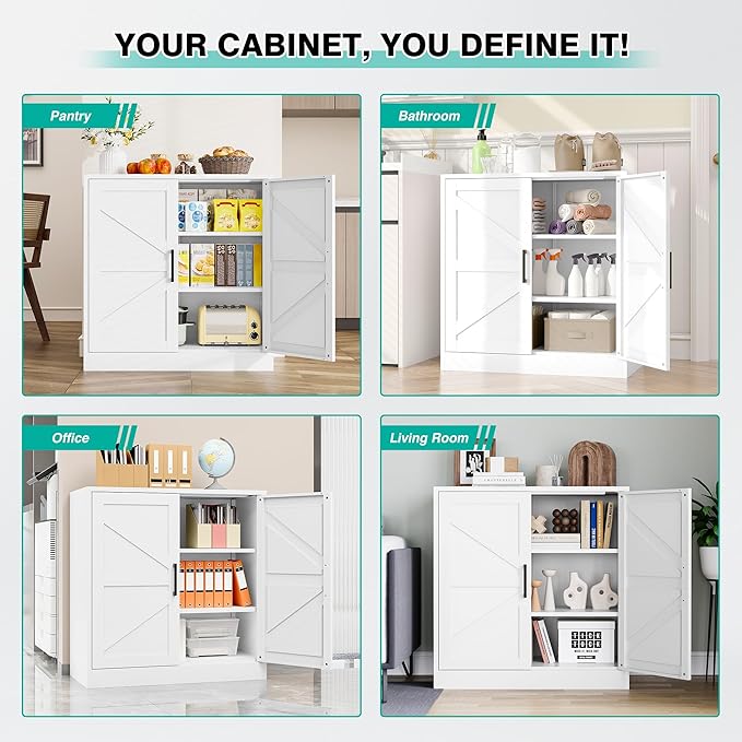 White Storage Cabinet with Doors and Adjustable Shelves,36" Farmhouse Food Pantry Cabinets,Small Sideboard Cabinet,Short Metal Storage Cabinets for Home Kitchen,Dining/Living/Laundry/Room