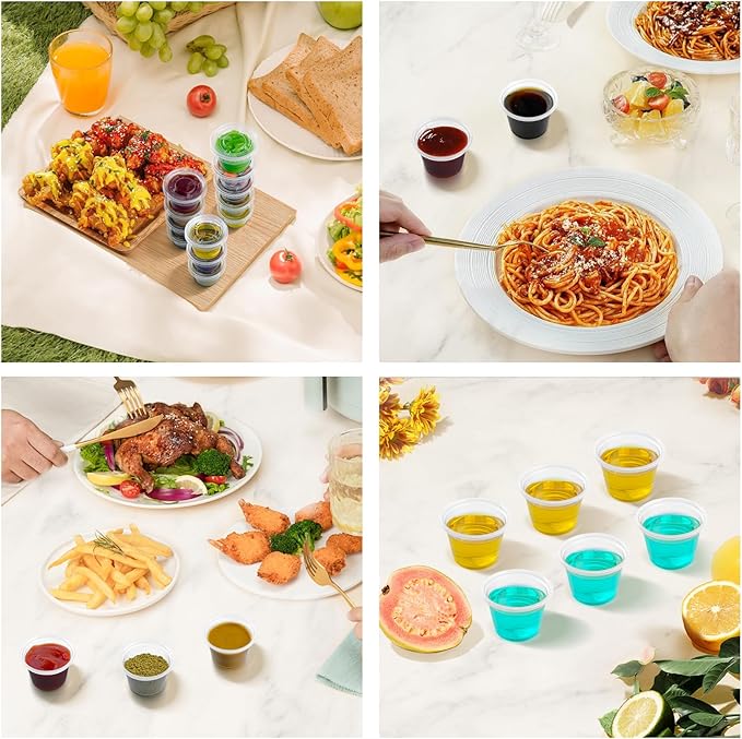 360 Set 1 oz Jello Shot Cups with Lids, Sturdy & Food Safe Disposable Plastic Portion Condiment Dipping Sauce Cups, Small Containers for Salad Dressing