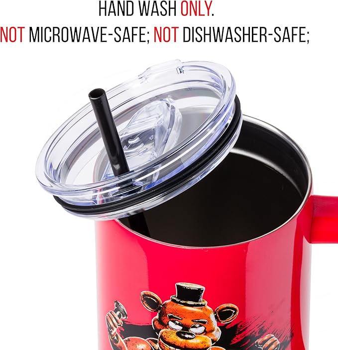 Silver Buffalo Five Nights At Freddy's “Let's Party” Stainless Steel Tumbler with Handle Featuring Freddy Fazbear, Fits in Standard Cup Holder, 40 Ounces