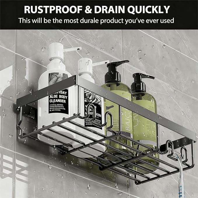 Moforoco Shower Caddy Shelf Organizer Rack, Self Adhesive Black Bathroom Shelves Basket, Home Farmhouse Wall Inside Organization and Storage Decor Rv Accessories, First Camper Apartment Essentials
