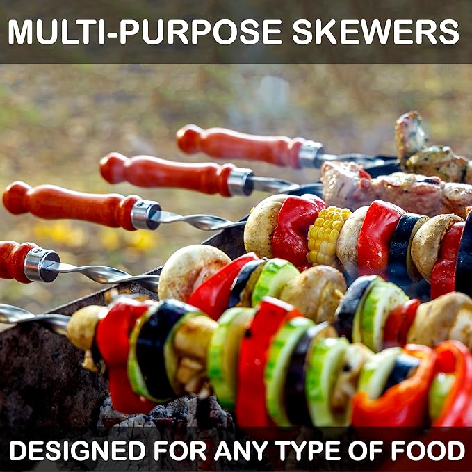 Premium BBQ Skewers with Wooden Handles 25" Shish Kabob Skewers Stainless Steel Long & Reusable Kabob Sticks Barbecue Skewers for Grilling Set of 6 Piece (6, 25 Inches)