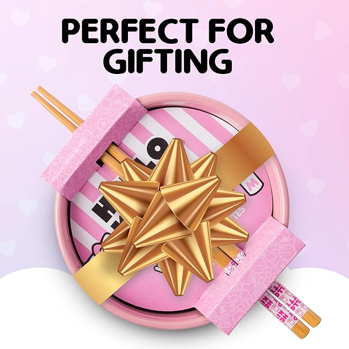 Silver Buffalo Sanrio Hello Kitty Flowers Pattern Ceramic Ramen Noodle Rice Bowl with Chopsticks, Microwave Safe, 20 Ounces