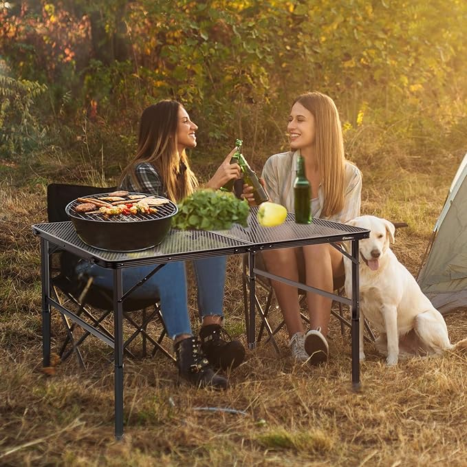 4 ft Folding Table with Adjustable Height (16.5" & 26"), Black Metal Mesh Table with Carry Handle, Portable for Outdoor BBQ, Grill, Family Gathering & Prep, Fits 4–8 People, 8.8 lb, Supports 66 lb