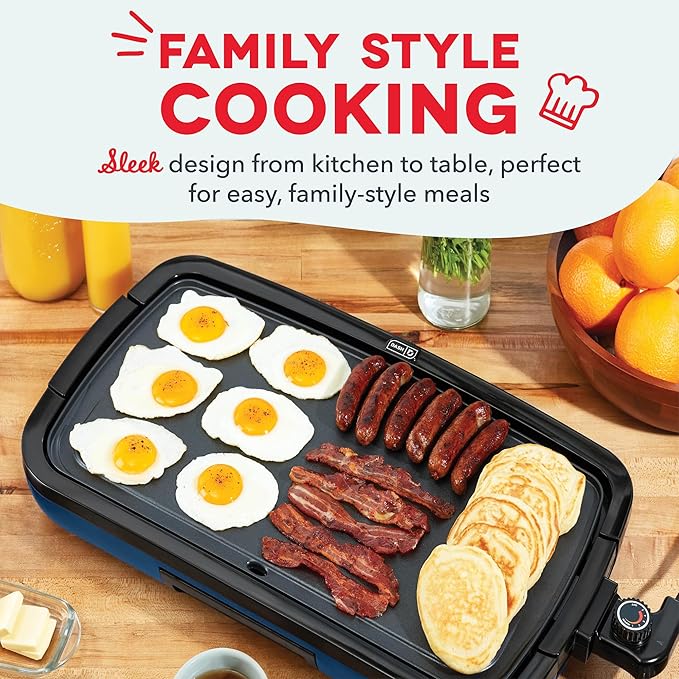 DASH Deluxe Everyday Electric Griddle with Dishwasher Safe Removable Nonstick Cooking Plate for Pancakes, Burgers, Eggs and more, Includes Drip Tray + Recipe Book, 20” x 10.5”, 1500-Watt - Navy