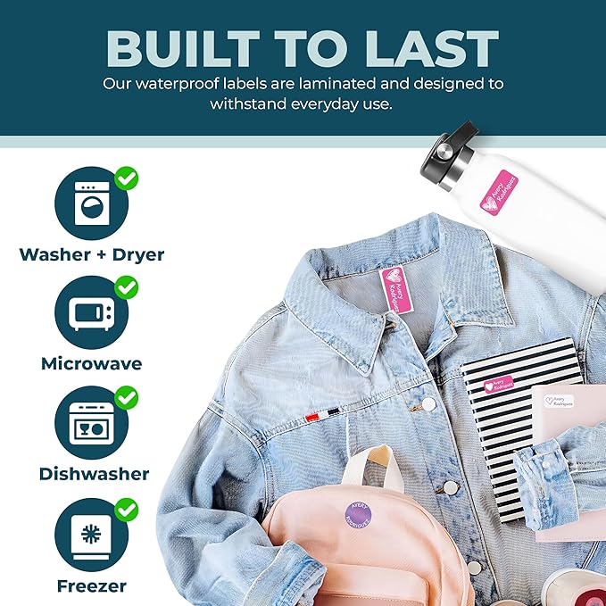 Personalized Daycare Name Labels for Kids (130 Labels) - Custom Waterproof Name Stickers for Clothing Tags, Water Bottles, Lunch Boxes and School Supplies (Strawberry)