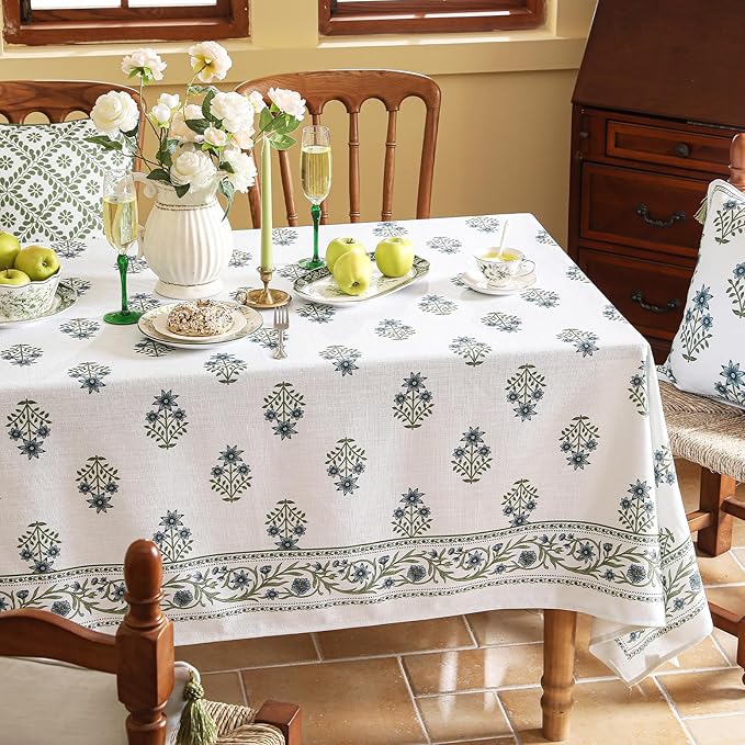 ISAENNE Designer White Linen Long Rectangle Tablecloth,Chinoiserie Floral Elegant Indoor Table Cloth,Fall Stain Proof Decor Tablecloths for Dining Thanksgiving Kitchen,63"*94"-Mosella F