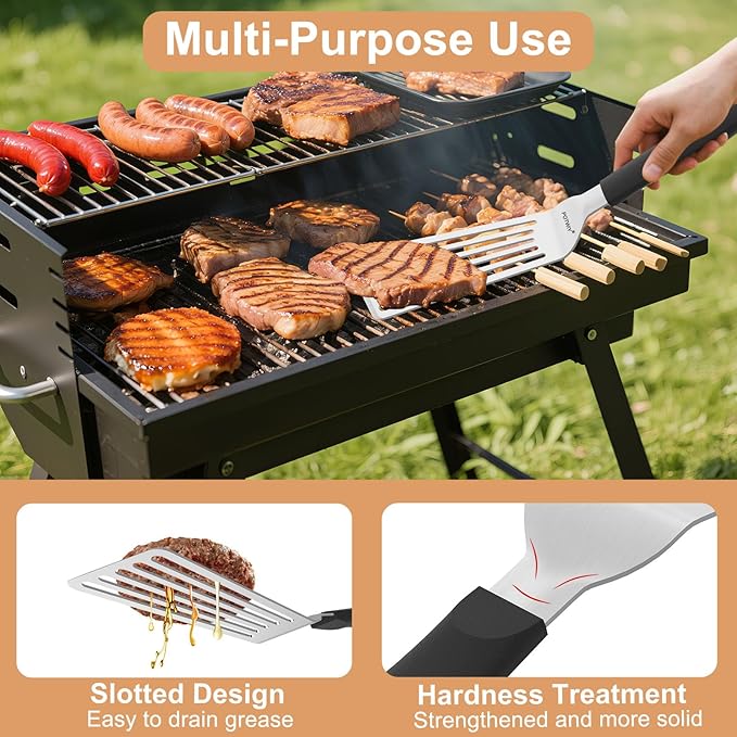 Fish Spatula, 13.3" Stainless Steel Slotted Spatula for Flipping Fish, Egg, Burger, Metal Turner for Kitchen and Grilling Cooking with Silicone Handle, Beveled Edge and Thickened Blade