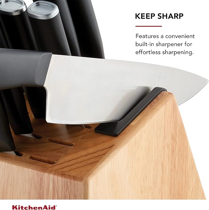 KitchenAid Classic 12 Piece Knife Block Set with Built in Knife Sharpener, High Carbon Japanese Stainless Steel Kitchen Knives, Sharp Kitchen Knife Set with Block, Rubberwood