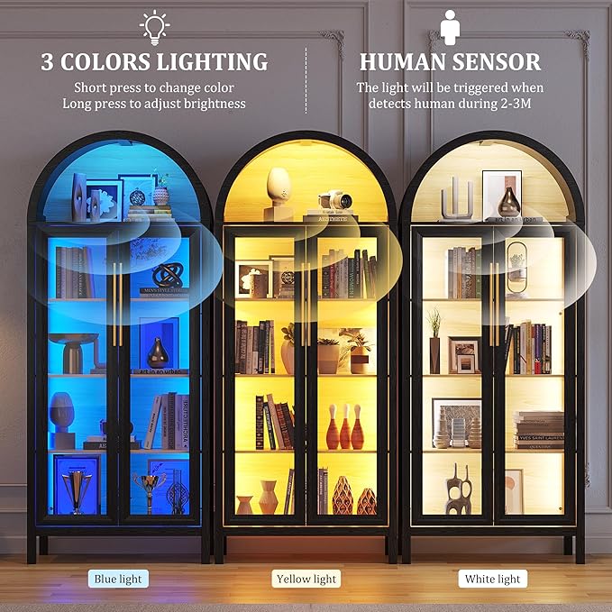 Arched Kitchen Pantry Cabinet with Glass Doors, Display Curio Case with 3 Color LED Lights for Collectibles, Modern 5-Tier Storage Hutch Cabinet for Kitchen, Dining Room, Black