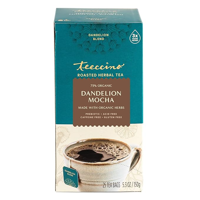 Teeccino Dandelion Herbal Tea - Mocha - Caffeine Free, Prebiotic, Gluten Free, 3x More Herbs - 25 Tea Bags