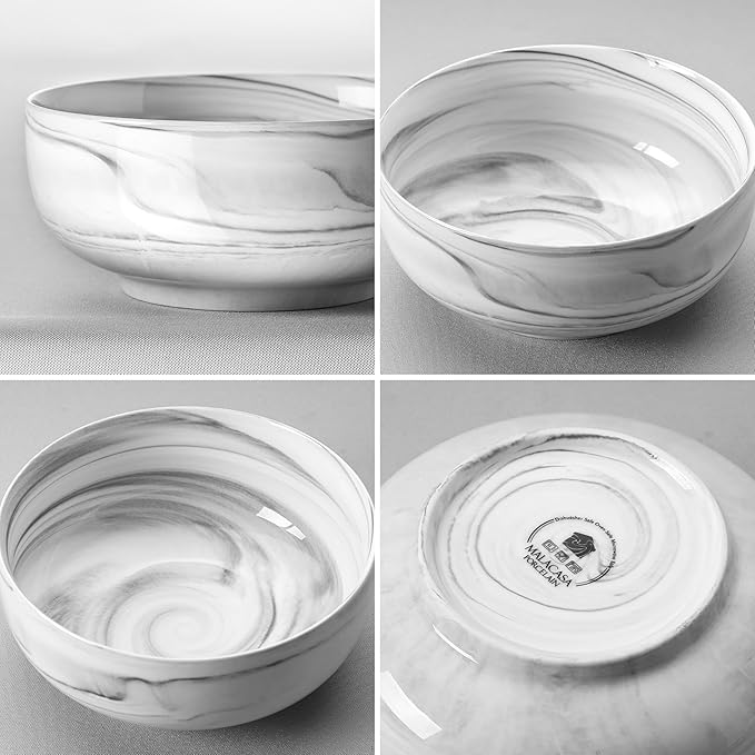 MALACASA Large Marble Grey Ceramic Soup & Salad Bowls Set of 2, 44 OZ (7"), Dishwasher & Microwave Safe, Series REGULAR