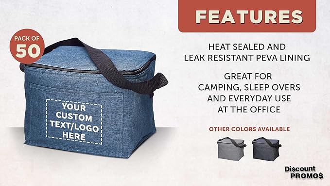 DISCOUNT PROMOS Custom Insulated Cooler Lunch Bag Set of 50, Personalized Bulk Pack - Perfect for Work, Travel, Outdoor Events - Blue