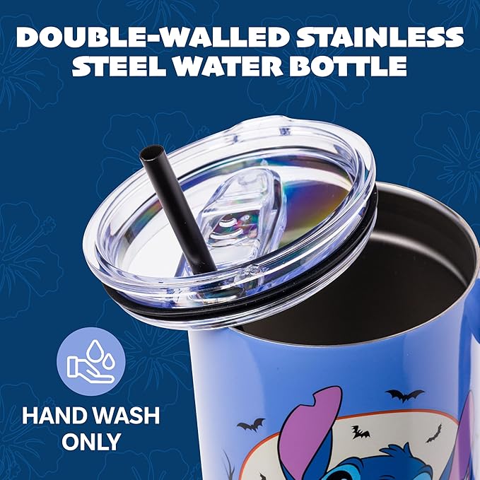 Silver Buffalo Disney Lilo and Stitch Halloween Spooky Pumpkin Jack-O-Lantern Stainless Steel Tumbler with Handle and Straw, Fits in Standard Cup Holder, 40 Ounces