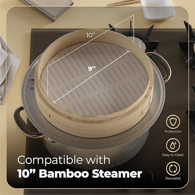 Prime Home Direct Bamboo Steamer Silicone Liners 10-Inch | 6 Count | BPA Free | Reusable & Non Stick for Air Fryer, Dumpling Food Steam Pot & Dim Sum Steaming | Round Mesh Parchment Baking Sheet Paper