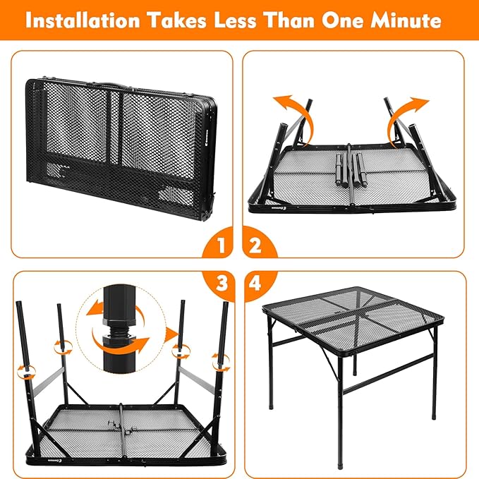 Square Folding Table with Adjustable Height (12" & 26"), Black Portable Metal Mesh Table for Camping, BBQ, Picnic, Garden, Patio & Indoor Use, Fits 2–4 People, Lightweight 7.6 lb, Supports 66 lb
