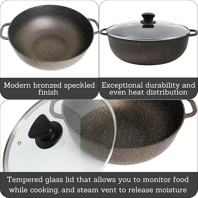 IMUSA 7qt Fuzion Cast Aluminum Bronze Speckled Nonstick Caldero with Glass Lid, Black - 30cm
