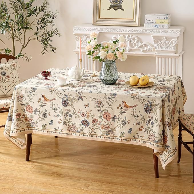 ISAENNE Designer French Light Beige Tablecloth Rectangular,Linen Florals and Birds Pattern Table Cloth,Anti-Wrinkle Decorative Tablecloths for Dining Thanksgiving Kitchen,55"*87"-Cornucopia