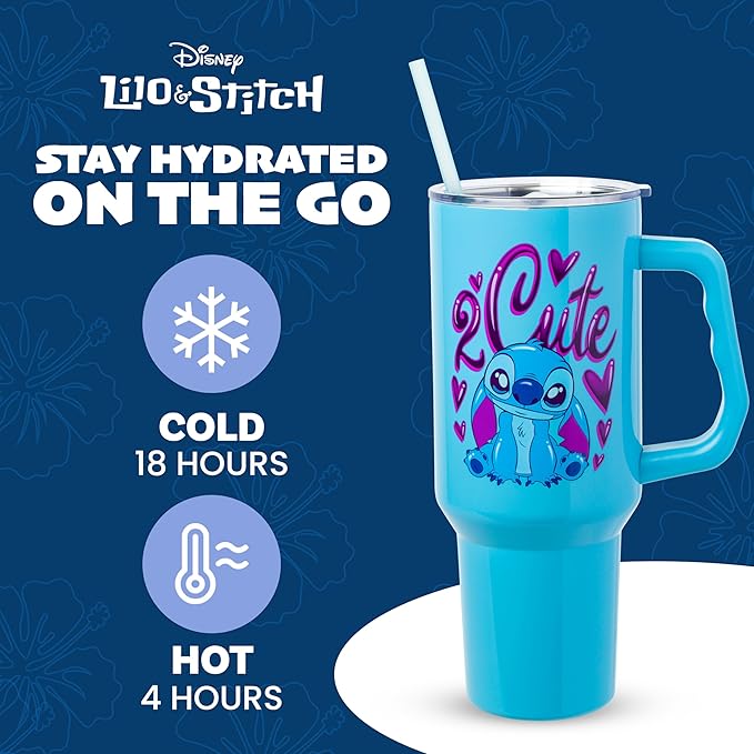 Silver Buffalo Disney Lilo and Stitch “2 Cute” Stainless Steel Tumbler with Handle, Fits in Standard Cup Holder, 40 Ounces