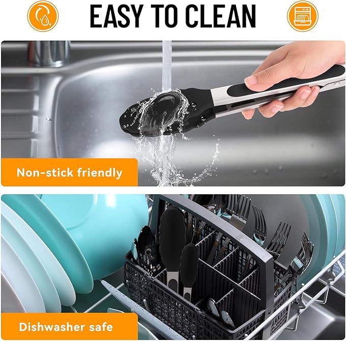 HOTEC Premium 7 & 9 Inch Kitchen Tongs, Stainless Steel Locking Cooking Tongs with Silicone Tips, Non-Scratch & Heat Resistant, Serving Tongs for Salad, BBQ, Black, Set of 2