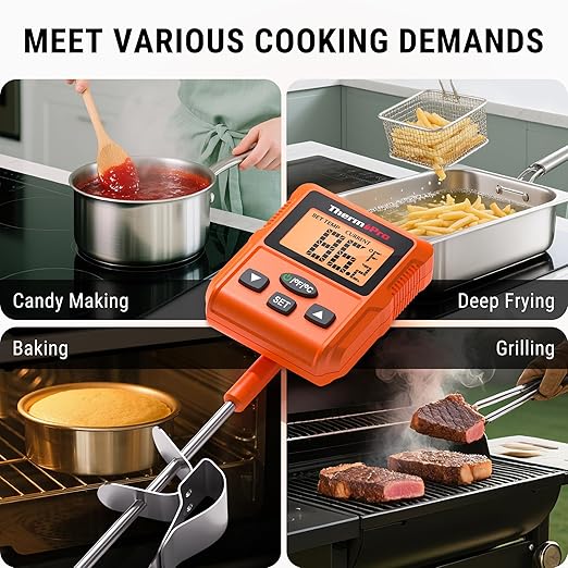 ThermoPro TP511 Digital Candy Thermometer with Pot Clip, Programmable Instant Read Food Meat Thermometer with 10'' Long Probe for Smoker Baking Grilling Candle Liquid Oil Deep Fry Thermometer