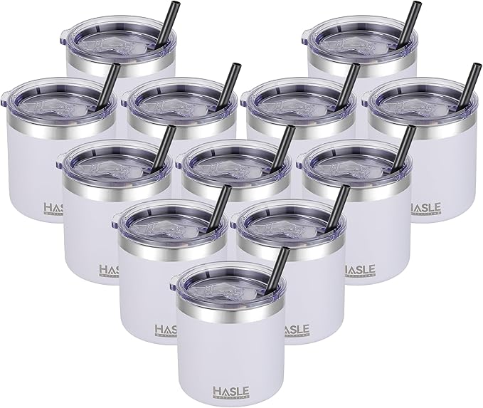 HASLE OUTFITTERS 10oz Insulated Tumblers with Lid and Straw,Stainless Steel Tumbler Travel Coffee Mug,Double Wall Reusable Tumbler Cup for Iced and Hot Drinks(White,12 Pack)