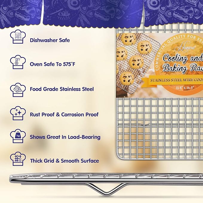 Hiware 2-Pack Cooling Racks for Baking, Stainless Steel Wire Rack Baking Rack Oven Rack Cookie Rack, Oven Safe, Rust-Resistant Rack for Cooking, Baking, Roasting and Grilling - Fit Half Sheet Pan