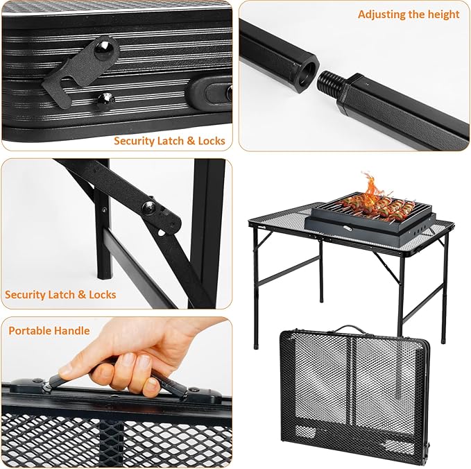 3 ft Folding Table with Adjustable Height (16.5" & 26"), Black Metal Mesh Table with Carry Handle, Portable for Camping, Tailgating, BBQ, Picnic & Indoor, Fits 3–6 People, 7.5 lb, Supports 66 lb