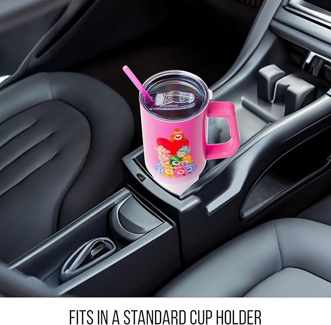Silver Buffalo Care Bears Watercolor Heart Ombre Stainless Steel Tumbler with Handle and Straw, Fits in Standard Cup Holder, 40 Ounces