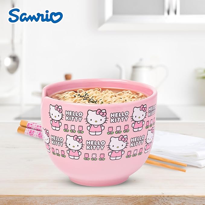 Silver Buffalo Sanrio Hello Kitty Flowers Pattern Ceramic Ramen Noodle Rice Bowl with Chopsticks, Microwave Safe, 20 Ounces