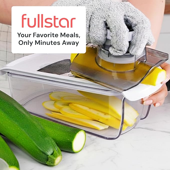 Fullstar Mandoline Slicer for Kitchen, Fruit Cutter, Cheese Grater, Cucumber Slicer, Veggie Spiralizer, Food Cutter & Kitchen Gadgets & Gifts with Safety Glove (6 in 1, Gray/Green)