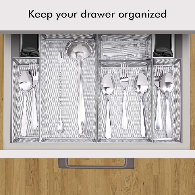 WuGeShop Mesh Silverware Tray Drawer Organizer, Kitchen Utensils Flatware with Anti-slip Mats, Silverware Storage Cutlery Tray for Knives Fork Spoon (5 Separate Compartments, Silver)