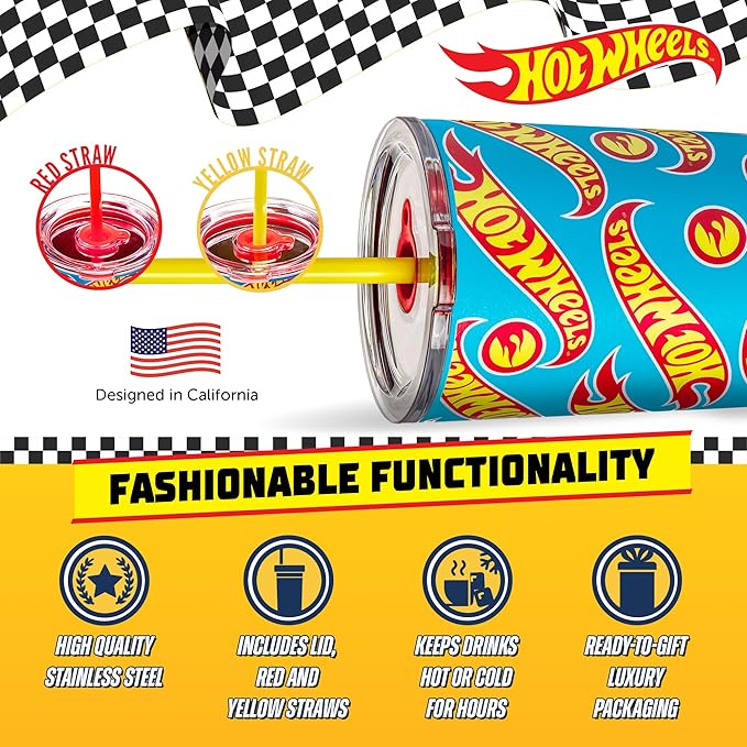 Dragon Glassware x Hot Wheels Insulated Tumbler with Lid and Straw - 24 oz Tumbler Cup with 2 Straws - Stainless Steel Tumbler with Straw for Water, Iced Tea - Travel Coffee Tumbler - Race Team