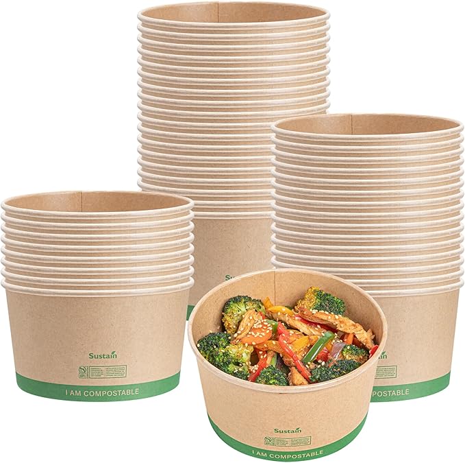 Restaurantware Compostable Paper Food Containers 200 Pack Of 34 oz BPI-Certified Round Kraft Salad Bowls Disposable Grease-Resistant Meal Prep Take Out Containers For Ice Creams, Soups, Snacks