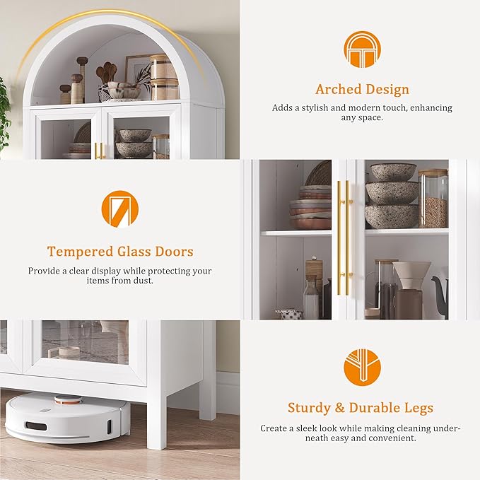 Arched Kitchen Pantry Cabinet with Glass Doors, Display Curio Case with 3 Color LED Lights for Collectibles, Modern 5-Tier Storage Hutch Cabinet, White