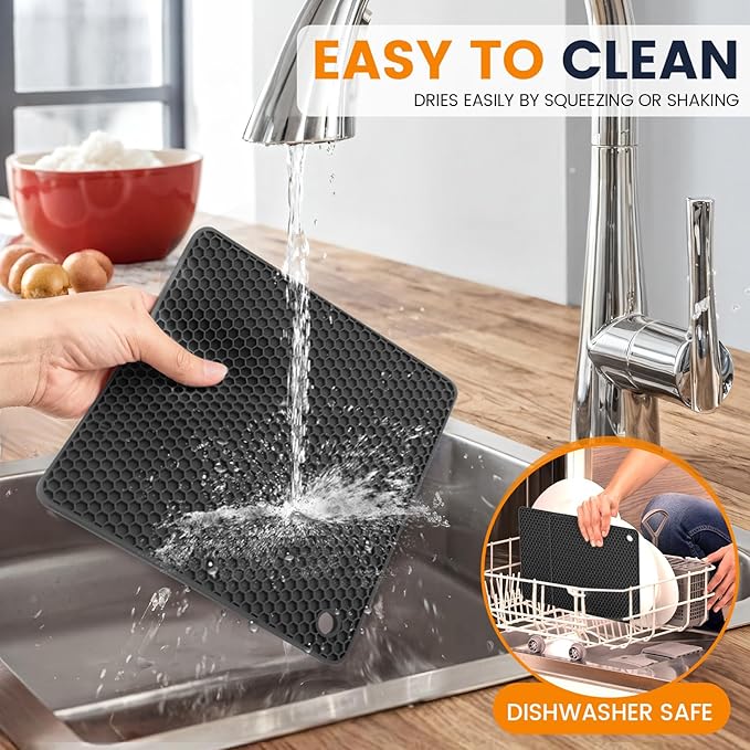 Silicone Trivet Mats 4 Heat Resistant Pot Holders Multipurpose Non-Slip Hot Pads for Kitchen Potholders, Drying mat, Jar Opener, Spoon Holder, Coaster.(Dark Black)