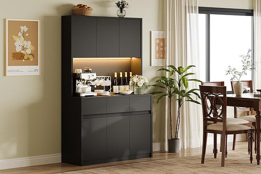 Garvee Kitchen Pantry Storage Cabinet, Tall Storage Cabinet with Doors and Shelves, Kitchen Storage Hutch with Microwave Stand, Led Lights and Charging Station, Corner Pantry Cabinet, Black