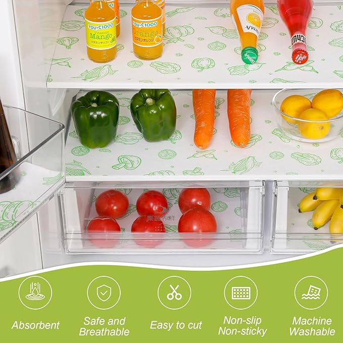 Cooyes Refrigerator Liners 17.7" x 24", 12 Pack, Absorbent Non-Slip Washable Fridge Mats, Shelf Liner for Kitchen Cabinets Non-Adhesive, Green Veggie