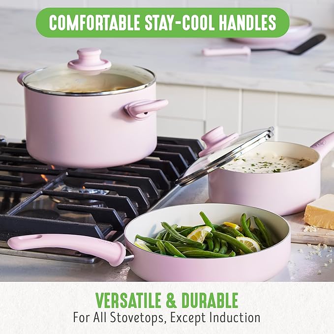 GreenLife Soft Grip Healthy Ceramic Nonstick 18 Piece Kitchen Cookware Pots and Frying Sauce Saute Pans Set, PFAS-Free with Kitchen Utensils and Lid, Dishwasher Safe, Soft Pink