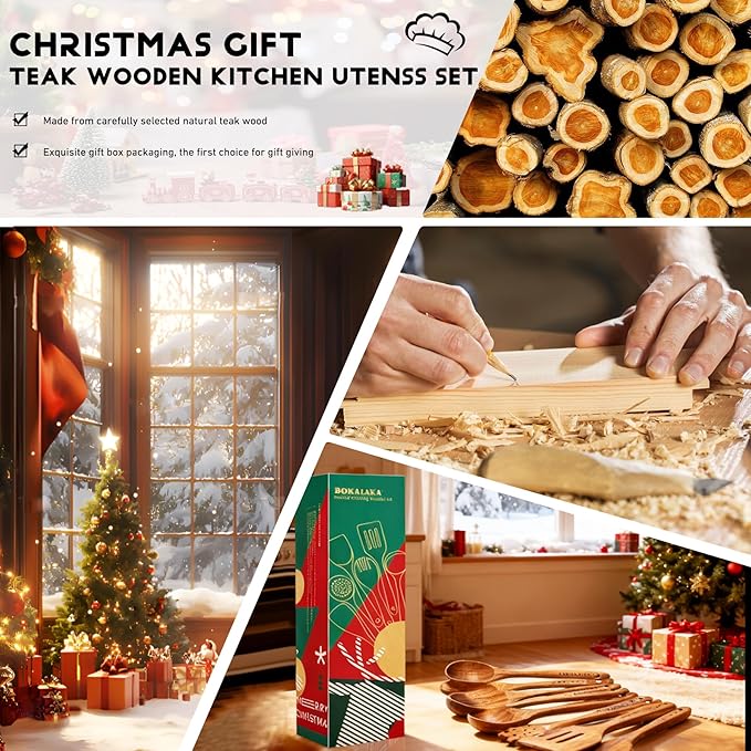 Christmas Wooden Spoons for Cooking,10 Pcs Natural Teak Wooden Kitchen Utensils Set Wooden Cooking for Xmas Kitchen Supplies(10 PCS Xmas Gift)