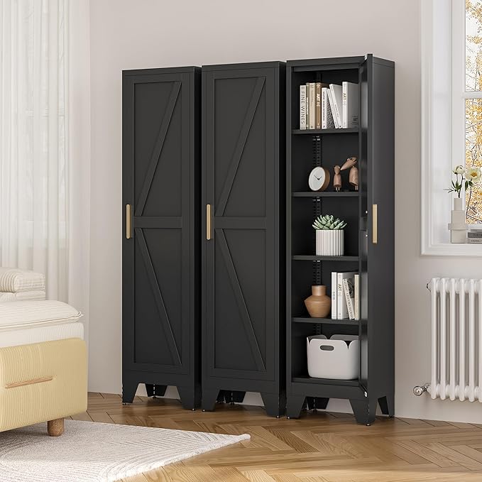 67" Tall Narrow Bathroom Metal Storage Cabinet with 4 Adjustable Shelves, Freestanding 5 Tier Slim Pantry Storage Cabinet for Small Space, Black