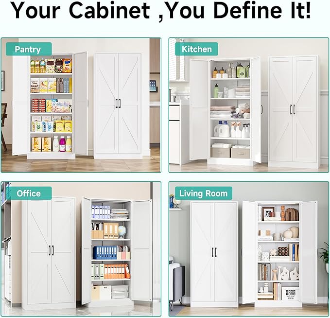 SISESOL 61" Tall Pantry Cabinet,Farmhouse Kitchen Pantry Storage Cabinets with 2 Doors and 5 Shelves,White Metal Storage Cabinet,Large Cupboard for Home,Kitchen,Dining/Living Room