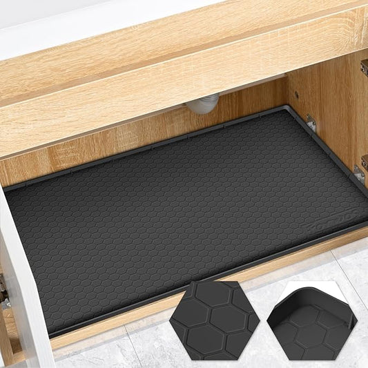 Waterproof Under Sink Mat 28" x 22", Silicone Cabinet Liner, Rubber Protector for Kitchen and Bathroom, Keeps Cabinets Clean, Dry, and Organized (Black)