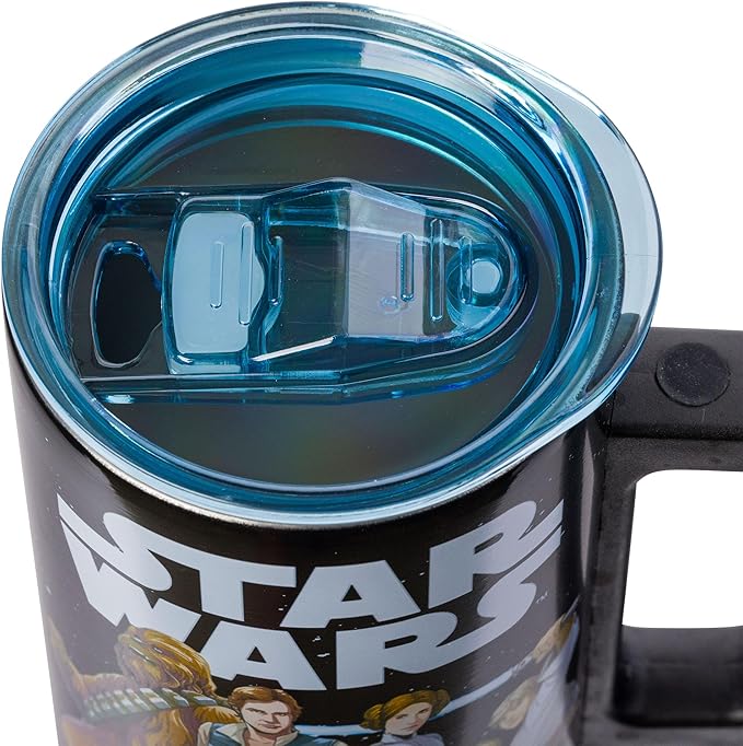 Silver Buffalo Star Wars Featuring Luke Skywalker, Princess Leia, Hans Solo, Chewbacca, Yoda, R2-D2, and C-3PO Double Wall Stainless Steel Travel Mug With Handle, 15 Ounces