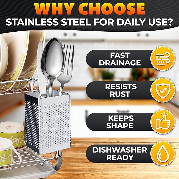 Dishwasher Chopstick Basket – 2.87" x 2.87" x 4" Stainless Steel Utensil Holder | Rust-Resistant Perforated Caddy with Hooks for Organizing Chopsticks, Straws, Teaspoons, and Small Kitchen Tools