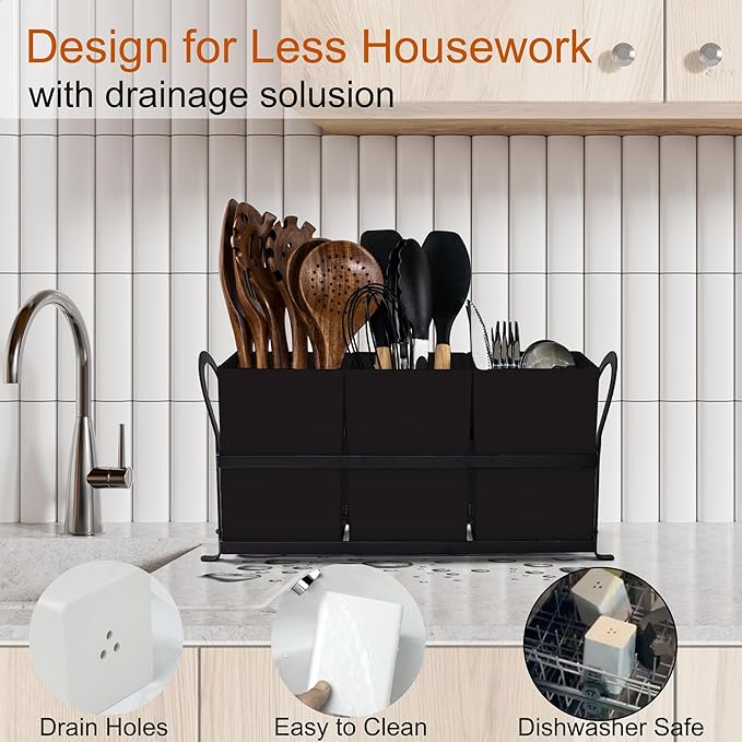 Large Utensil Caddy, Drainage Utensil Holder for Kitchen Counter, 3pcs Bins Set Cooking Utensil Organizer for Spoons, Spatulas, Black