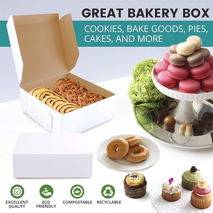 Fit Meal Prep 250 Pack White Bakery Boxes, 6 x 6 x 3 Inches Kraft Lined Pastry Boxes for Cupcakes, Chocolates, Donuts & Macarons